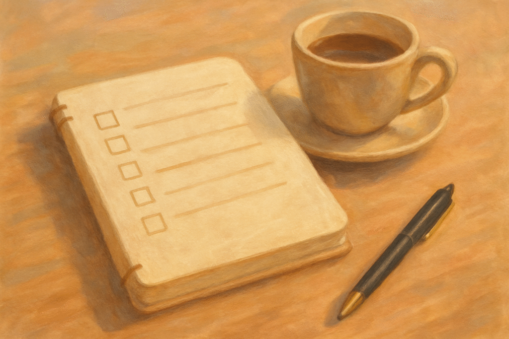 Notitieboek en pen op een bureau – symbool voor overzicht en rust