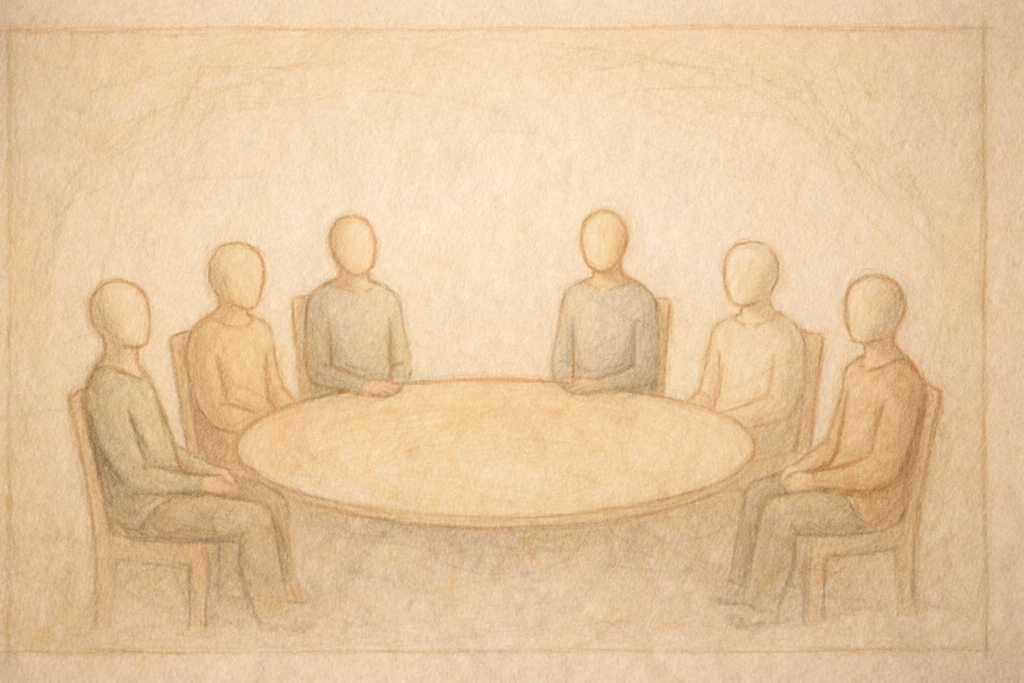 “Illustratie van zeven abstracte, neutraal getekende personen die samen rond een ovale tafel zitten, symbool voor overleg, teamdynamiek en open gesprek.”