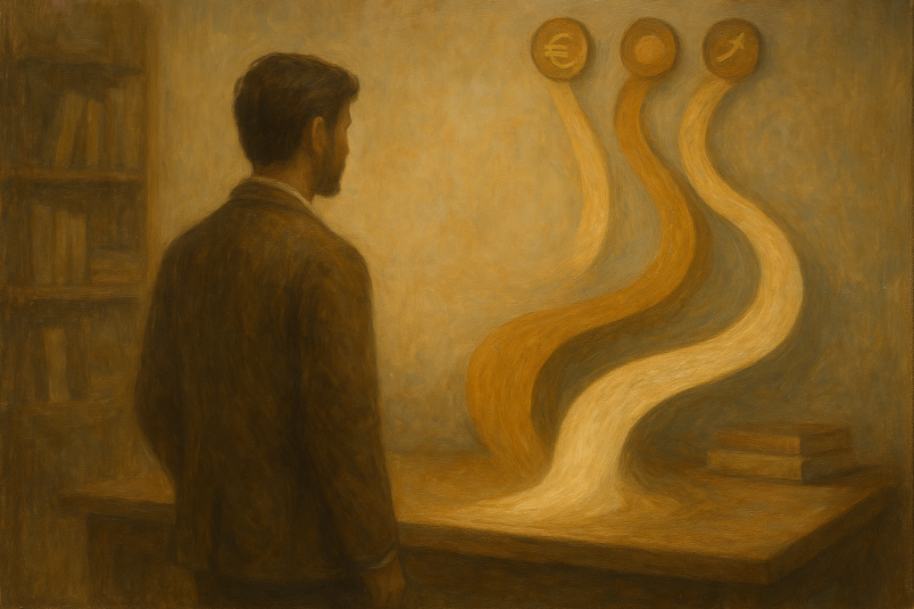 Silhouet van een ondernemer die naar drie warme, vloeiende geldstromen kijkt die samenkomen tot één heldere stroom — symbolische illustratie van cashflowbeheer en bewuste financiële keuzes.