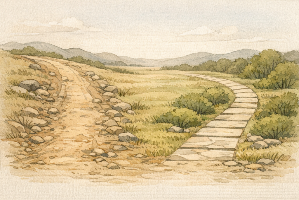 Illustratie van twee paden in een open landschap: links een zandpad, rechts een pad van lichte stenen. Beide lopen richting de horizon.