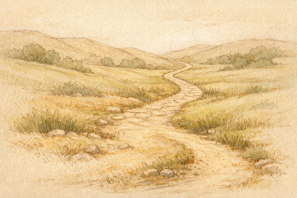 Kronkelend zandpad door een heuvelachtig landschap met gras en struiken, getekend in zachte aardetinten.