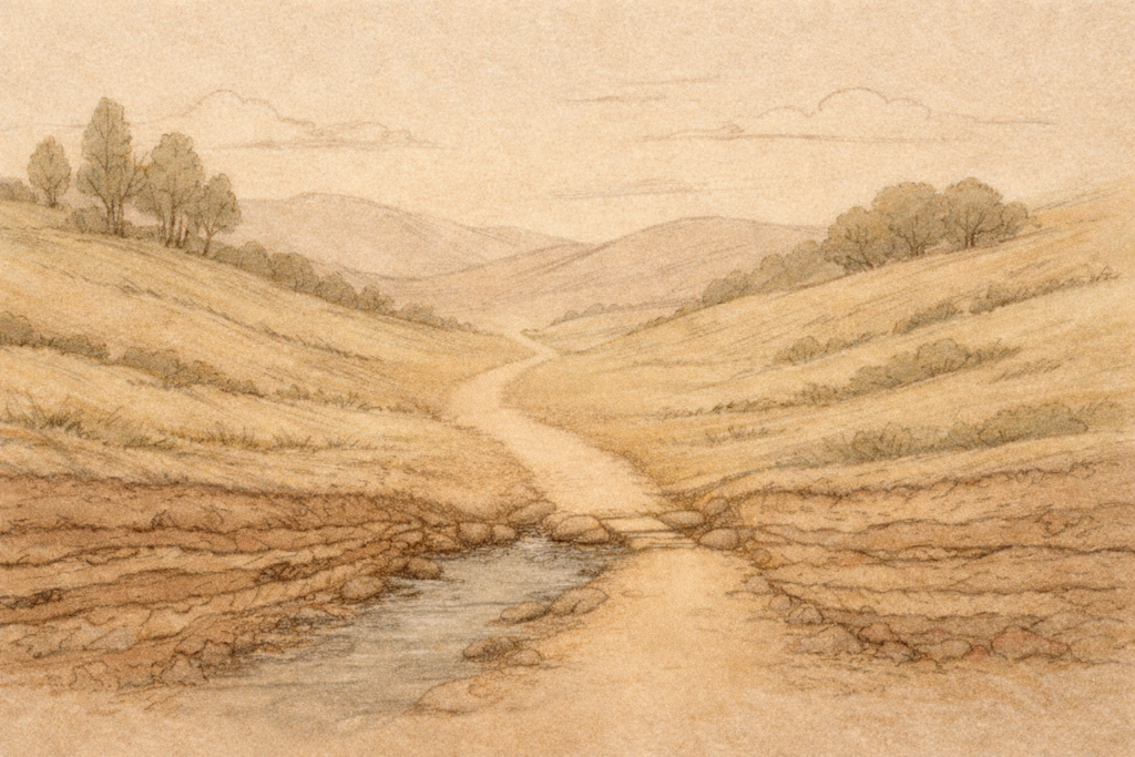 Rustige illustratie van een slingerend pad door een heuvelachtig landschap in aardetinten.