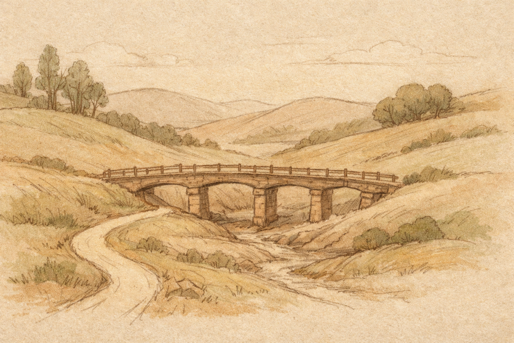 Illustratie van een brug die twee landschappen met elkaar verbindt, getekend in zachte aardetinten.