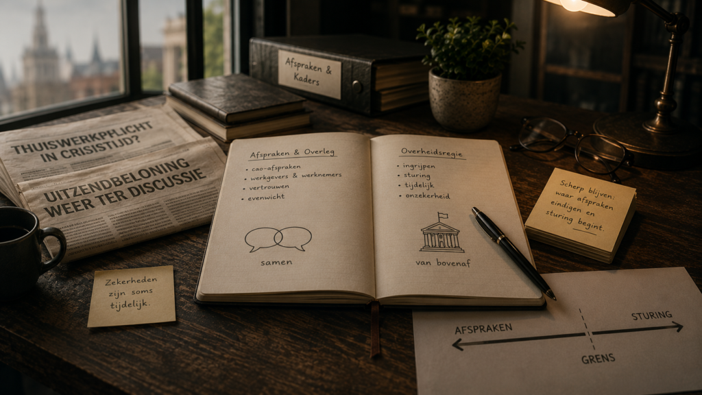 Illustratie van een bureau met notities over afspraken, overleg en overheidsregie. Een open notitieboek toont de overgang van cao-afspraken en samenwerking naar sturing door de overheid, met verwijzingen naar thuiswerkplicht, uitzendbeloning en de grens tussen afspraken en regie.