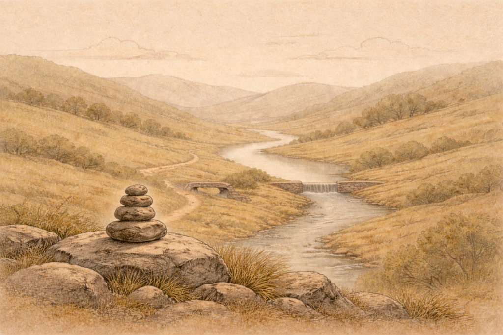 Landschap met een cairn van gestapelde stenen langs een rivier en een pad door heuvels, als metafoor voor opgebouwde inzichten, reflectie en richting.