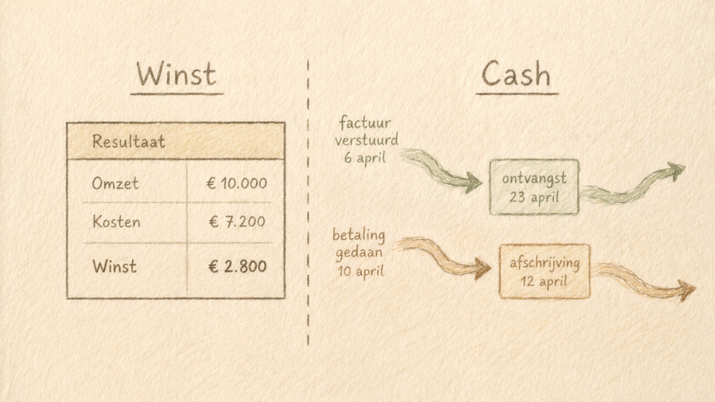 Schema dat het verschil laat zien tussen winst op papier en cash op de bank, met omzet, kosten, winst en het moment van betaling.