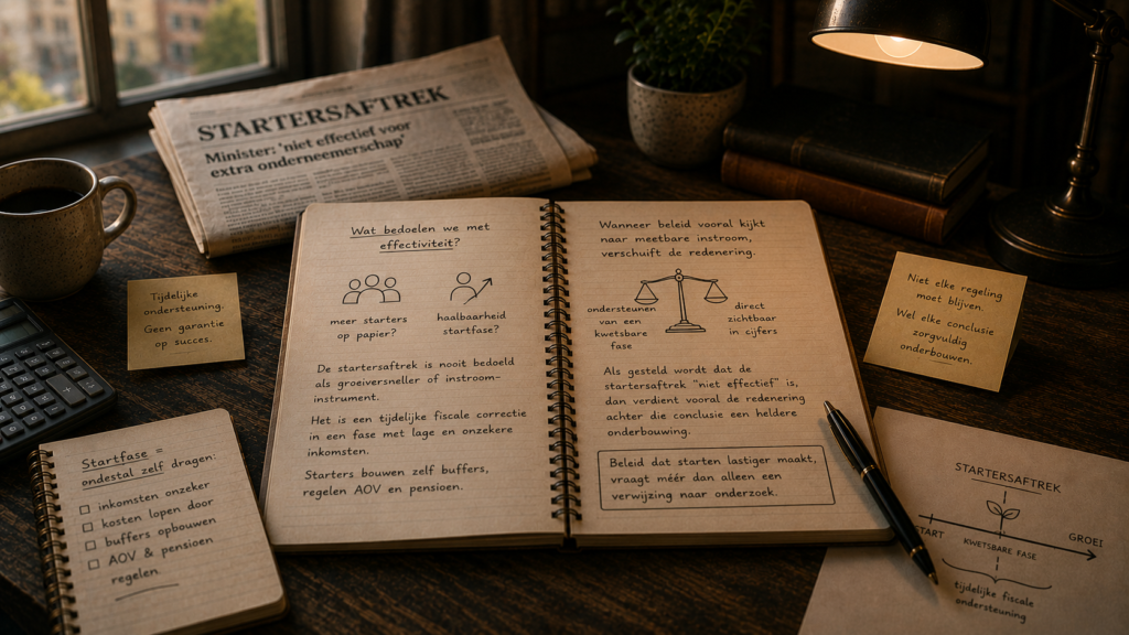 Illustratie van een bureau met aantekeningen over de startersaftrek. Een open notitieboek vergelijkt verschillende betekenissen van effectiviteit, waaronder meer starters, ondersteuning van de startfase en meetbare resultaten. Op de achtergrond ligt een krantenartikel over de discussie rond de startersaftrek.