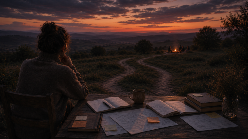 Persoon zit aan een houten tafel met open notitieboeken, losse papieren en een kop koffie en kijkt uit over een landschap bij zonsondergang met een pad dat zich splitst en in de verte een groep mensen bij een kampvuur