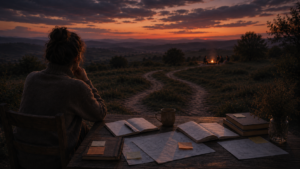 Persoon zit aan een houten tafel met open notitieboeken, losse papieren en een kop koffie en kijkt uit over een landschap bij zonsondergang met een pad dat zich splitst en in de verte een groep mensen bij een kampvuur