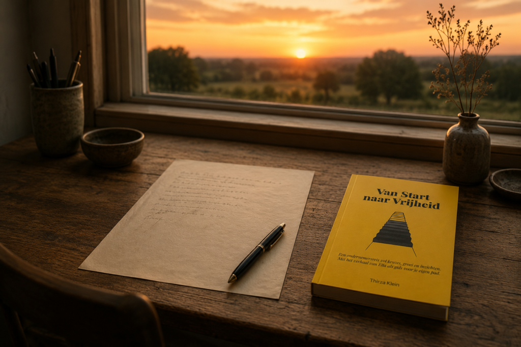 Papier en pen en het boek Van start naar vrijheid op een houten tafel met uitzicht op een landschap bij zonsondergang
