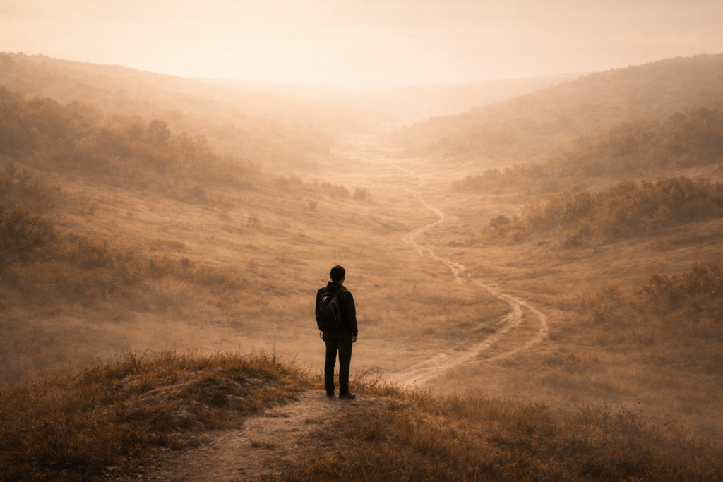 Persoon loopt alleen door een uitgestrekt landschap met mist en zacht licht