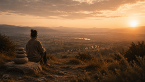 Rustig uitzicht over een landschap bij zonsopkomst met een persoon die op een heuvel zit en uitkijkt over de omgeving