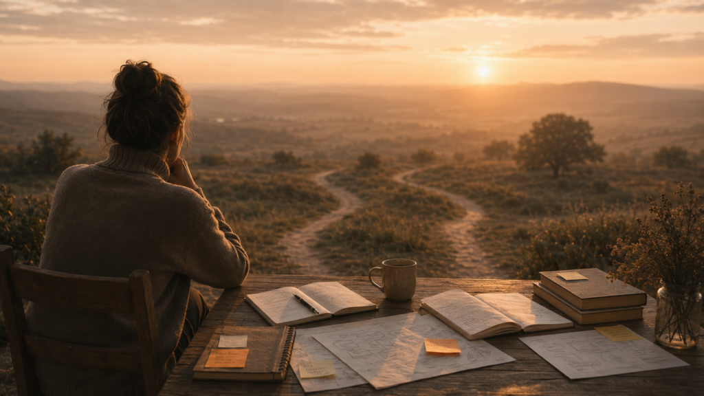 Persoon zit aan een tafel buiten in een open landschap met papieren en een laptop en kijkt uit over de omgeving