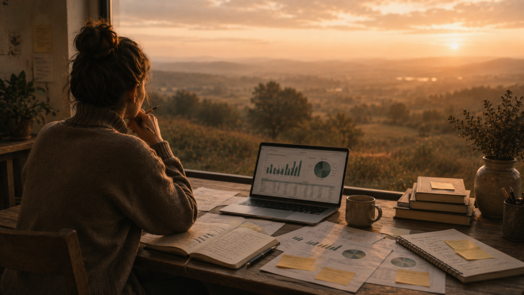 Persoon zit aan een tafel met laptop en papieren en kijkt uit over een landschap bij zonsondergang