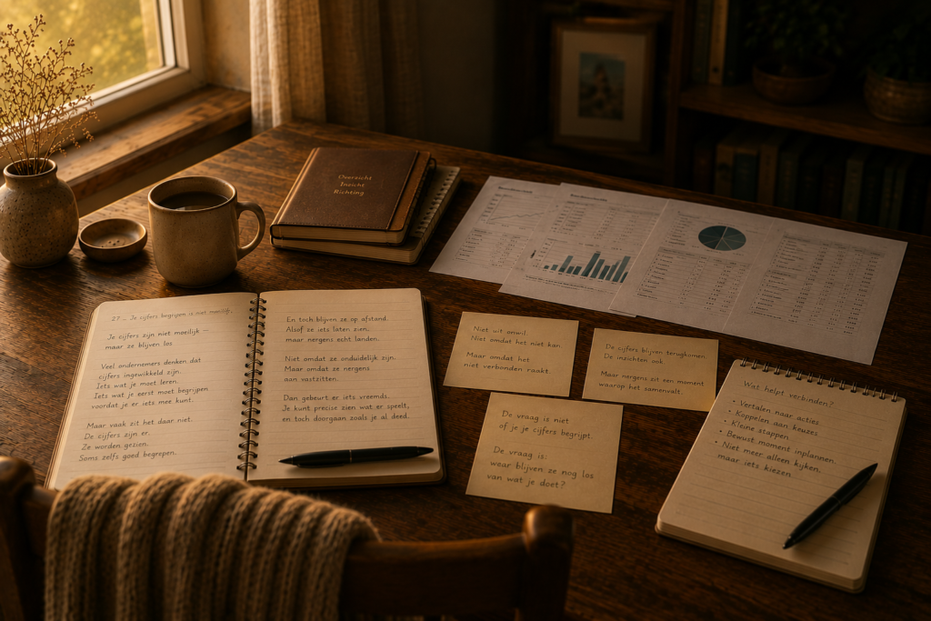 Papieren, notities en een open boek liggen op een tafel naast een kop koffie bij zacht licht