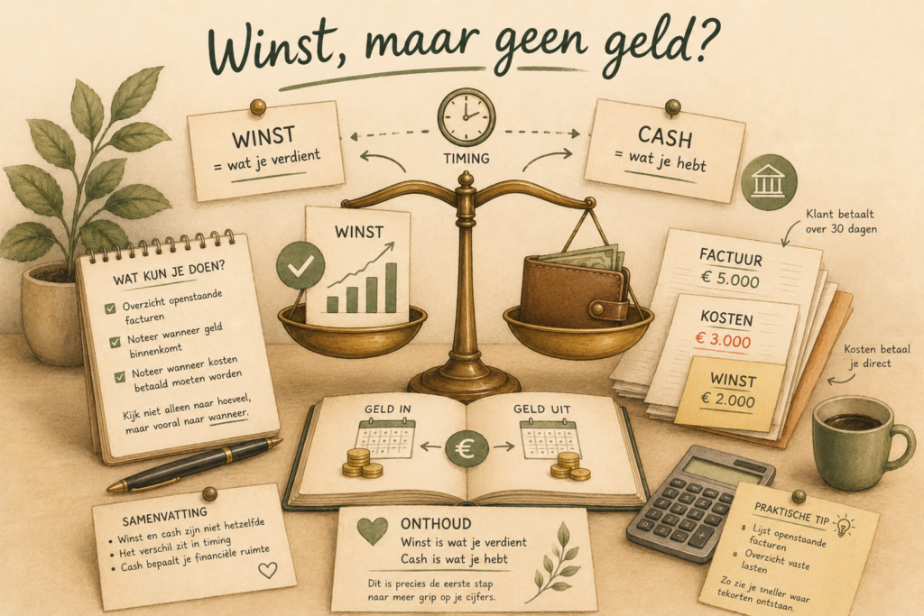 Winst en cash op een weegschaal met uitleg over verschil tussen winst en geld op je rekening