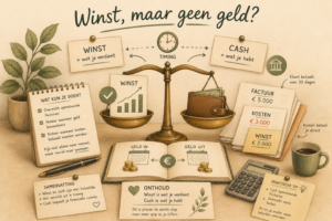 Winst en cash op een weegschaal met uitleg over verschil tussen winst en geld op je rekening