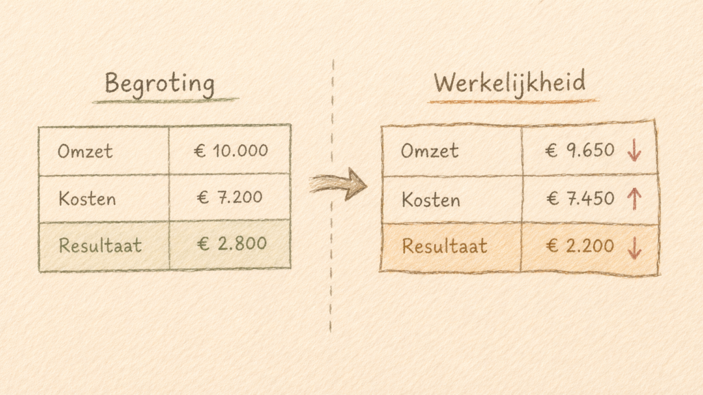Illustratie van een simpele begroting tegenover de werkelijkheid met omzet, kosten en resultaat