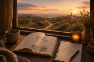 Open boek bij een raam met uitzicht op een zonsopkomst over glooiende velden, sfeervol verlicht met kaarslicht.