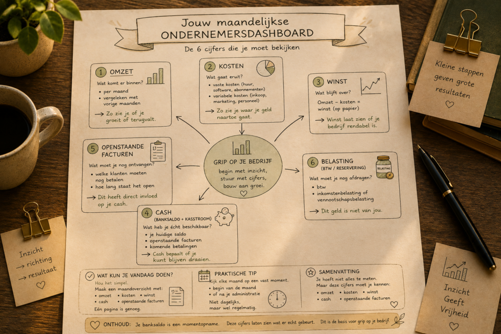 Illustratie van een maandelijks ondernemersdashboard met 6 kerncijfers: omzet, kosten, winst, cash, openstaande facturen en belasting, weergegeven in een overzichtelijke schema-opzet met toelichting per onderdeel.