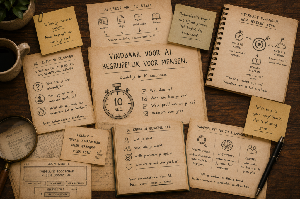 Infographic over AI-optimalisatie, websitepositionering, klantbegrip, SEO en heldere communicatie voor ondernemers.