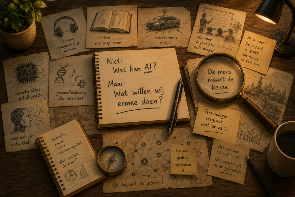 Illustratie over kunstmatige intelligentie waarbij de nadruk ligt op menselijke keuzes en verantwoordelijkheid in plaats van de technologie zelf.