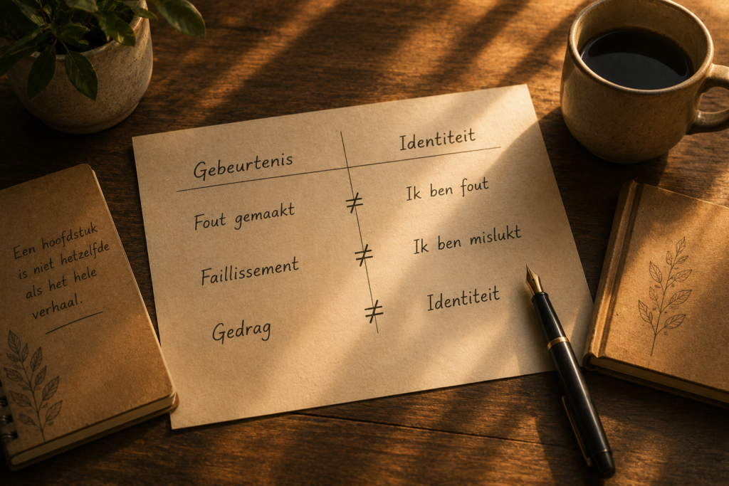 Illustratie van het onderscheid tussen gedrag, gebeurtenissen en identiteit, met voorbeelden zoals een fout maken en faillissement.