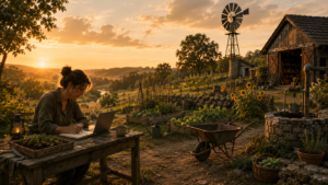 Persoon werkt aan een tafel in een landelijke tuinomgeving tijdens zonsondergang, omringd door een moestuin en boerderijgebouwen.