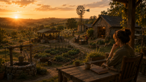 Rustige landelijke omgeving met moestuin, schuur en windmolen tijdens zonsondergang, gezien vanaf een veranda waar iemand uitkijkt over het erf.