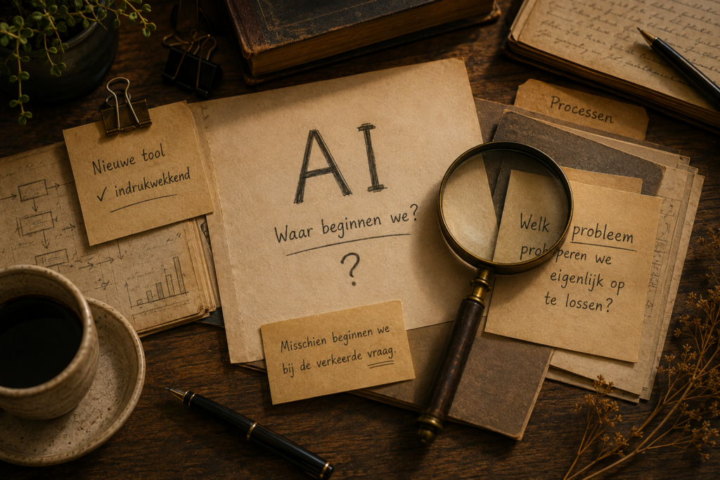 Illustratie van een bureau met notities, dossiers en een vergrootglas rond het thema AI. Centraal staat de vraag waar een AI-project moet beginnen en welk probleem een ondernemer eigenlijk probeert op te lossen.