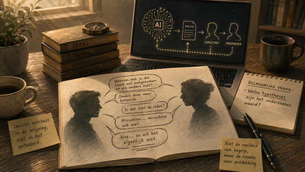 Illustratie van een gesprek tussen ondernemer en consultant naast een AI-analyse. De afbeelding symboliseert hoe inzicht ontstaat door vragen, twijfel en gezamenlijk onderzoeken.