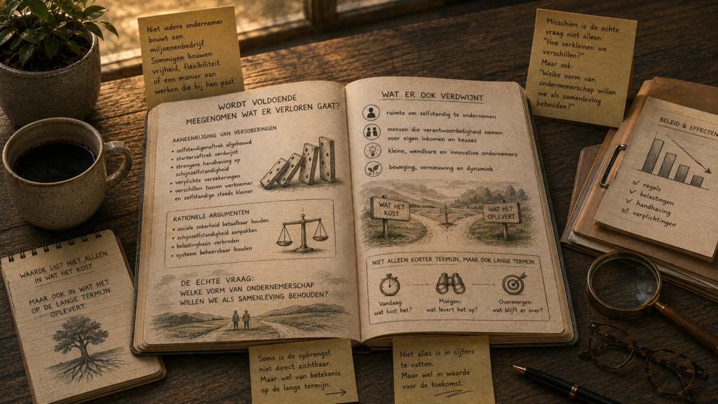 Open boek met visuele notities over ondernemerschap, beleidsmaatregelen, zelfstandigheid en de afweging tussen kosten en langetermijnwaarde.