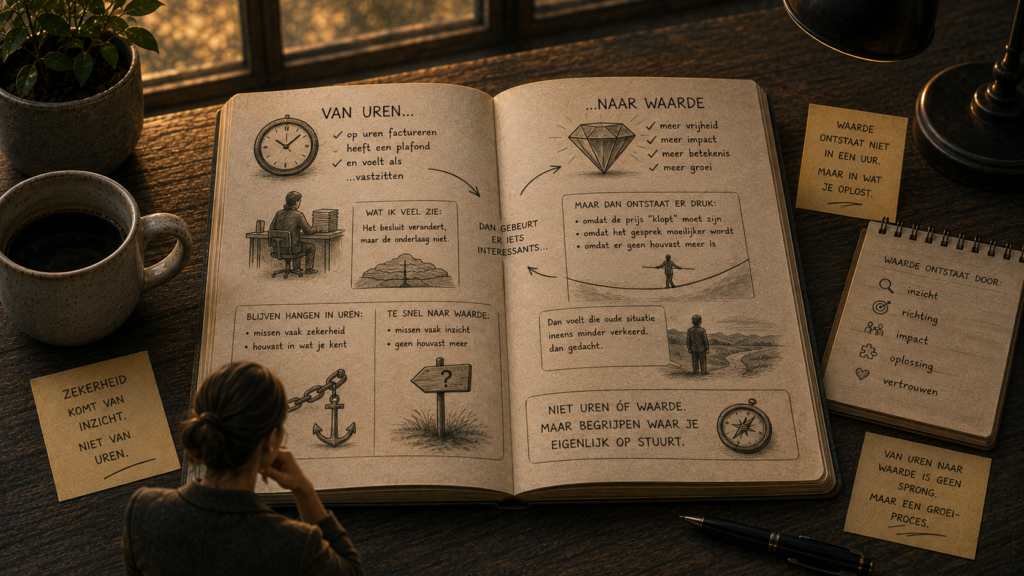 Open boek met visuele uitleg over de overgang van urenfacturatie naar waardegericht werken, inclusief zekerheid, groei, inzicht en ondernemerschap.
