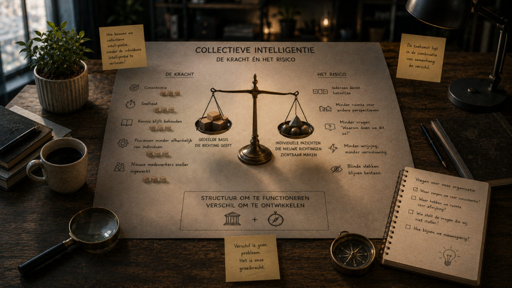 Schema over collectieve intelligentie met een weegschaal tussen de voordelen van gedeelde kennis en het risico van gelijkdenken.