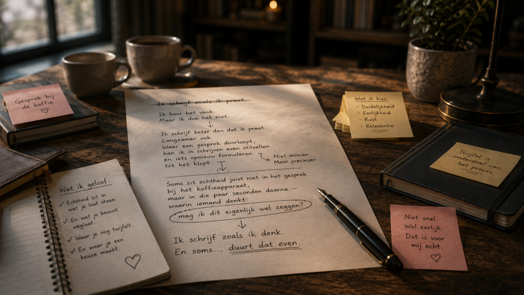 Handgeschreven tekst op een bureau met notities over schrijven, echtheid, keuzes en zorgvuldig formuleren.