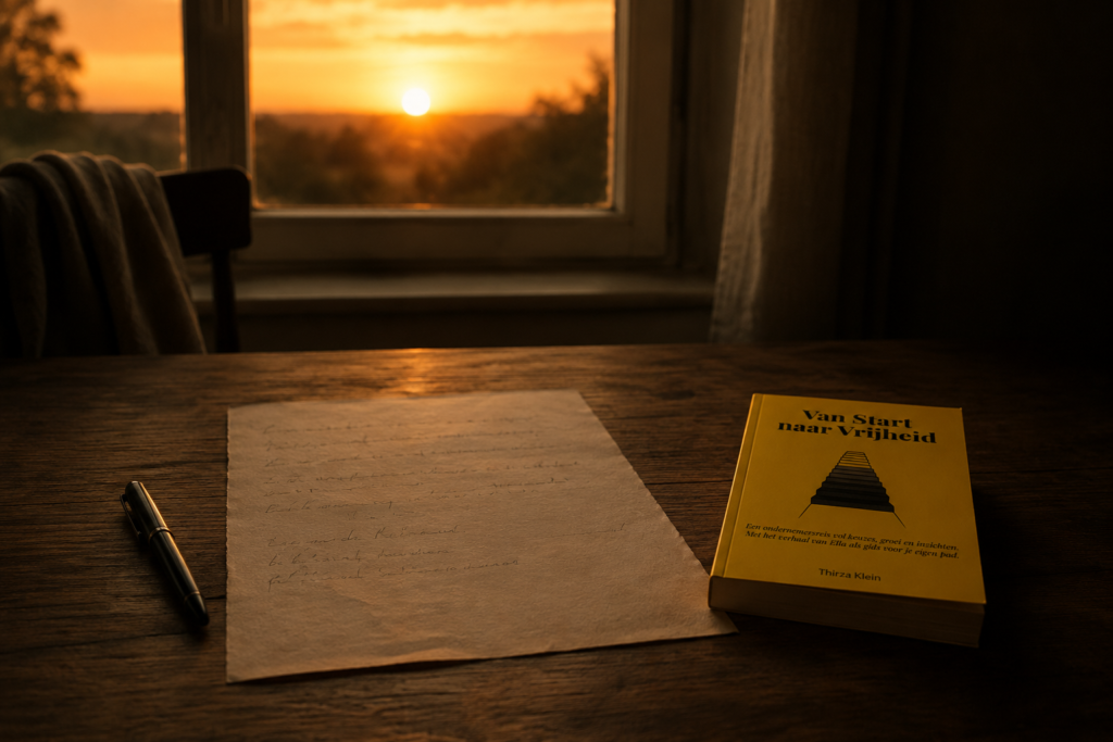 Schrijfbureau met een vel papier, pen en een boek naast een raam met uitzicht op een opkomende zon als symbool voor reflectie, inzicht en het onderzoeken van onderliggende patronen.