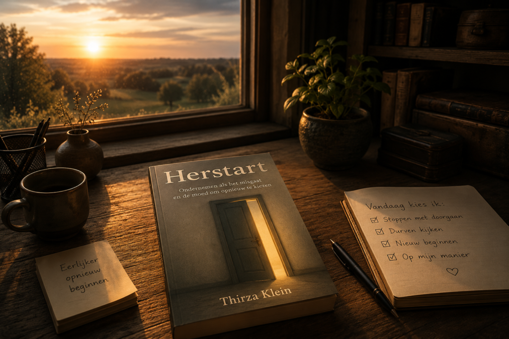 Boek met de titel Herstart op een houten bureau naast notities over opnieuw kiezen, met uitzicht op een landschap in warm licht.