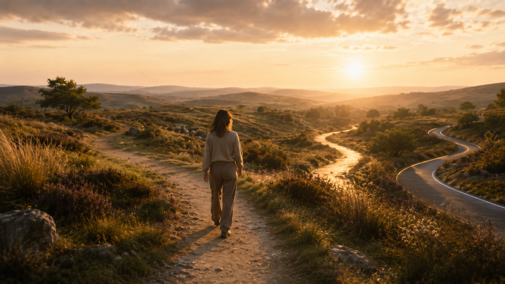 Landschap met een wandelpad en een kronkelende weg waarbij verschillende mogelijke richtingen zichtbaar zijn als metafoor voor keuzes binnen ondernemerschap.