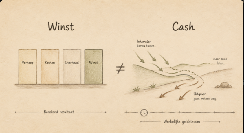 Vergelijking tussen winst en cashflow met een winstberekening aan de ene kant en geldstromen aan de andere kant.