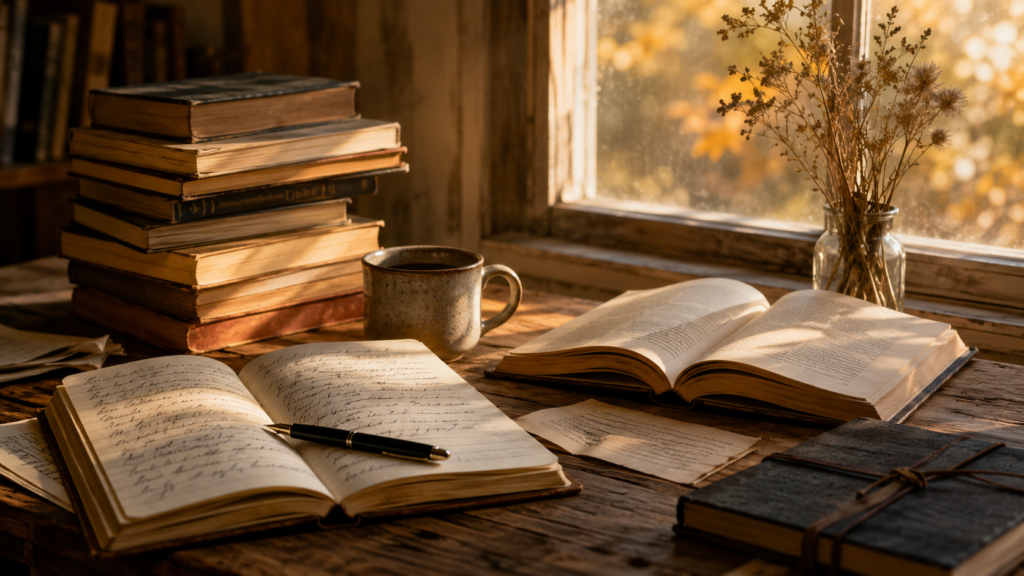 Open boeken, notitieboeken en een stapel boeken op een houten tafel bij een raam in warm ochtendlicht, als symbool voor lezen, reflectie en persoonlijke ontwikkeling.