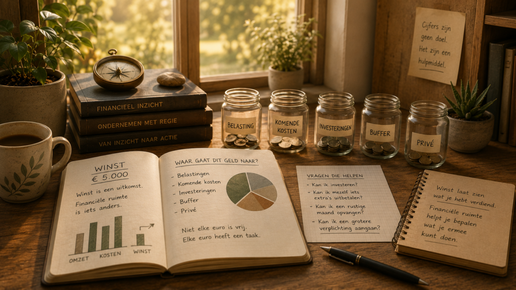 Illustratie van winst versus financiële ruimte met een open boek, financiële potjes voor belasting, buffer, investeringen en privé, en vragen over ondernemerskeuzes.