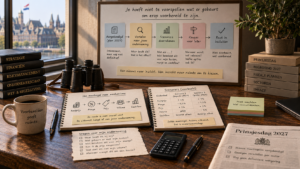 Illustratie over vooruitkijken bij aangekondigde maatregelen: van maatregel via scenario’s naar keuzes over kosten, marge, prijs, volume en cashflow.