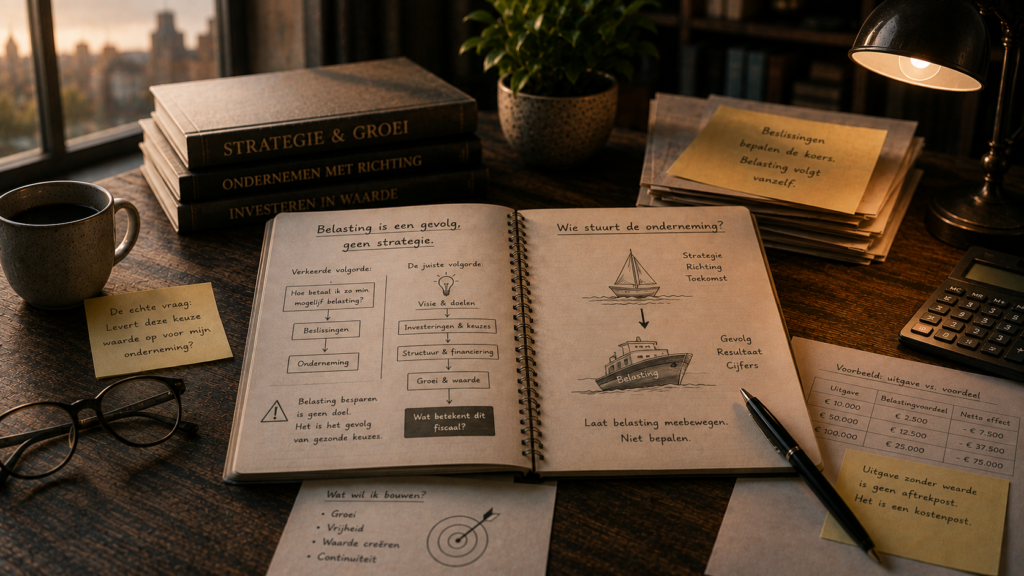 Open notitieboek met schema's over strategie, investeringen en belasting op een bureau met boeken, rekenmachine en notities.