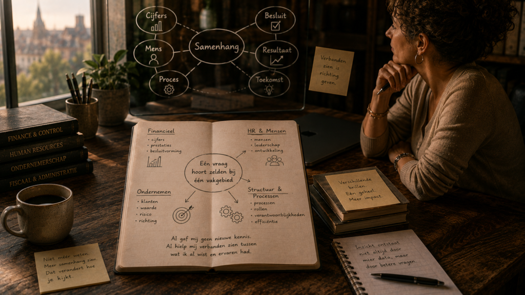 Bureau met open notitieboek waarin verbanden tussen financiën, HR, ondernemerschap en processen zijn weergegeven. Op de achtergrond staat een schema rond het thema samenhang.