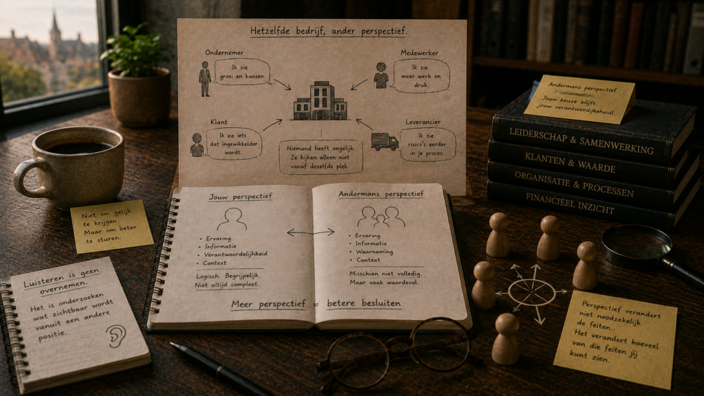 Open notitieboek met schema's over verschillende perspectieven van ondernemers, medewerkers, klanten en leveranciers. Op tafel liggen boeken, notities, een vergrootglas en pionnen.
