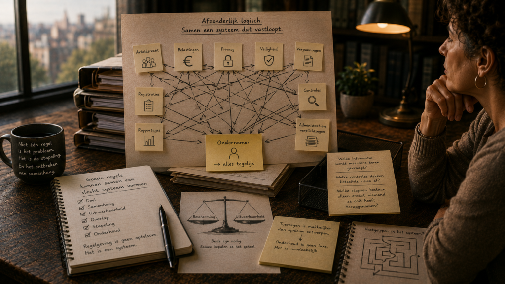 Werktafel met schema over regelgeving, belastingen, privacy, vergunningen en administratieve verplichtingen die via onderlinge verbanden samenkomen bij een ondernemer. Op de tafel liggen notities over samenhang, uitvoerbaarheid en systeemdenken.
