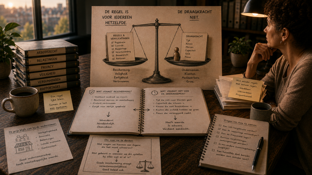 Werktafel met een schema rond regelgeving en draagkracht. Een weegschaal vergelijkt regels en verplichtingen met tijd, capaciteit, kennis en middelen van ondernemers. Op tafel liggen notitieboeken, beleidsvragen en documenten.