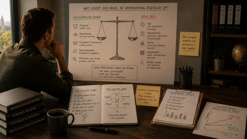 Werktafel met schema over maatschappelijke waarde en de totale kosten van regelgeving. Een weegschaal vergelijkt bescherming, veiligheid en vertrouwen met tijd, administratie, kosten en complexiteit. Op tafel liggen notities over effectiviteit, proportionaliteit en systeemdenken.