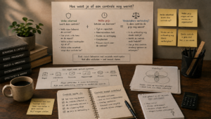 Werktafel met schema over de waarde van controles. Een overzicht vergelijkt de zekerheid die een controle oplevert met de tijd, kosten, capaciteit, administratieve lasten en complexiteit die daarvoor nodig zijn. Op tafel liggen notities over risico's, overlap, effectiviteit en systeemonderhoud.