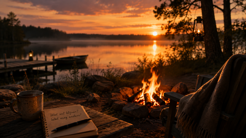 Notitieboek met vragen op een houten tafel bij een kampvuur aan een rustig meer tijdens zonsondergang.